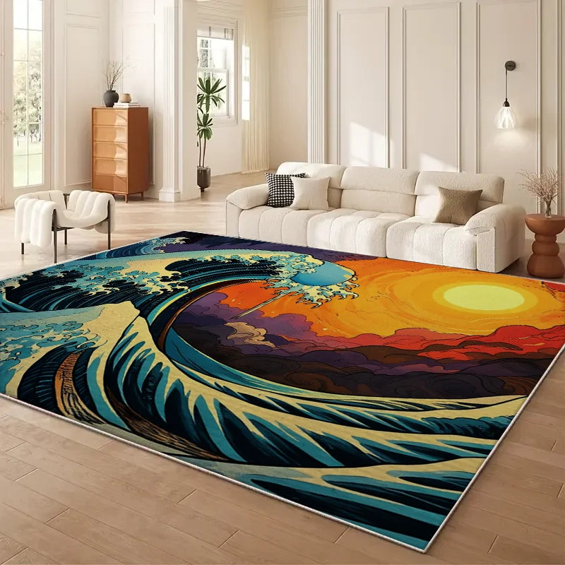 VIKAMA Japanese Cherry Blossom Wave Sofa Carpet Anti Slip Floor Mat