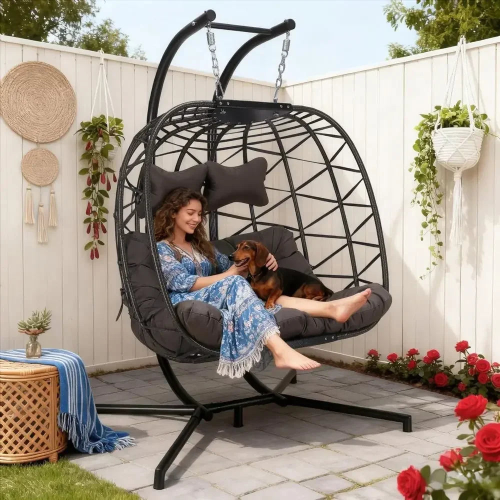 Oversized Outdoor Double Hanging Egg Chair with Stand, 700lbs Capacity, Comfortable Loveseat, Thick Cushion, Ideal for Patio or