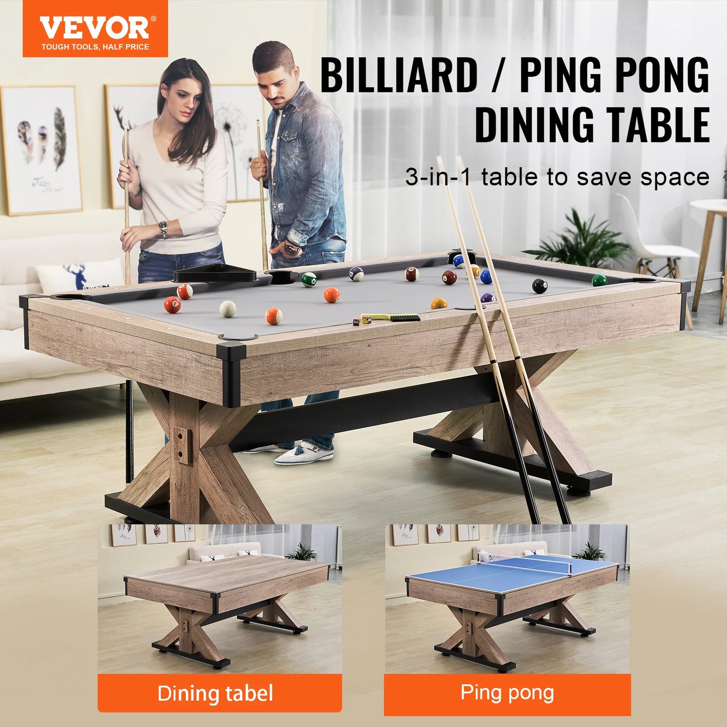 VEVOR 3-In-1 Billiards Table Combo With Pool And Tennis