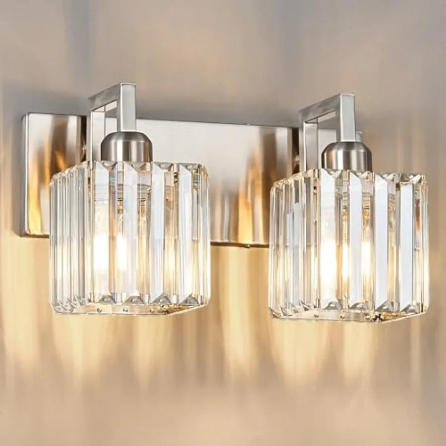 Modern Brushed Nickel Vanity Light With Crystal Wall Fixtures