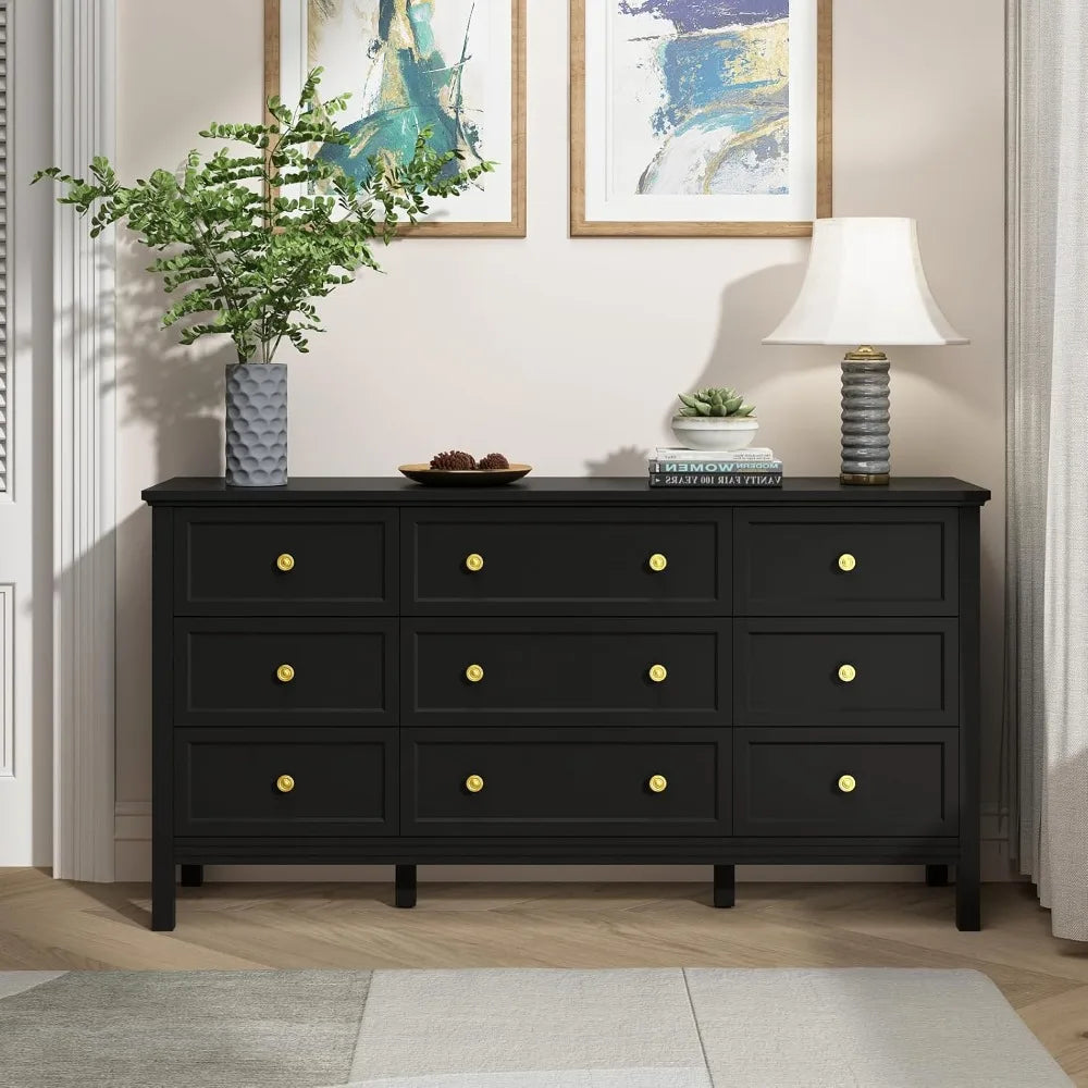 Black Dresser for Bedroom, 9 Drawer Dresser with Wide Drawers and Gold Metal Handles, 59" White and Gold Dressers TV Stand,