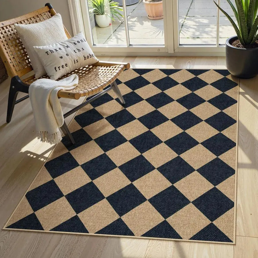 Natural Checkerboard Jute Outdoor Patio Rug For Entryway And Living