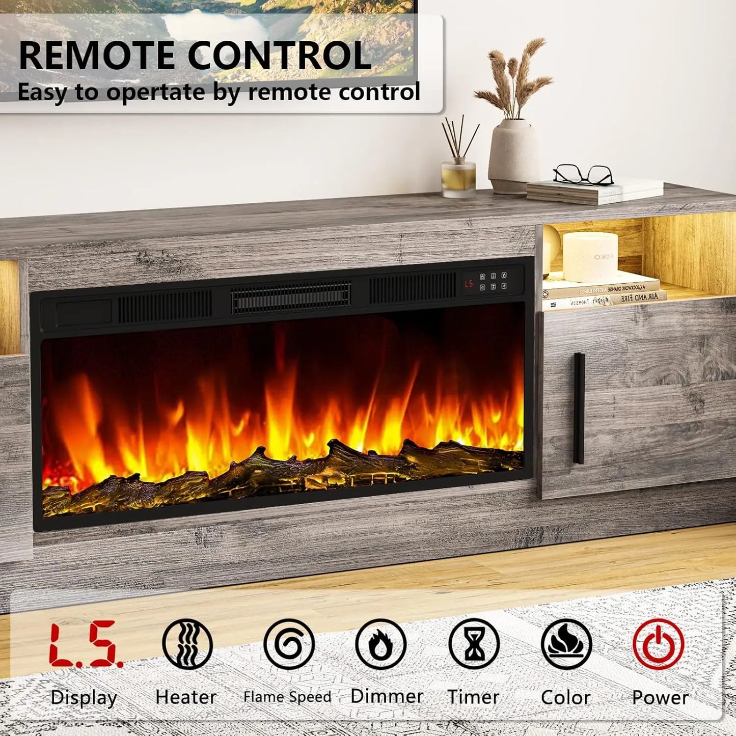 Fireplace TV Stand Entertainment Center with 36" Fireplace, 70" Wooden TV Console for TVs Up to 80", Modern TV Stands for Living