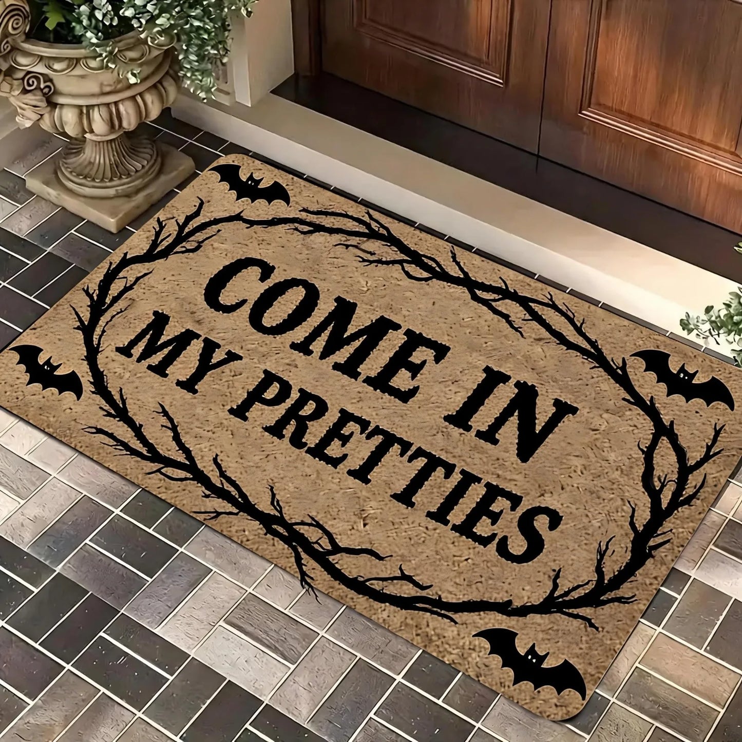 A Magical Doormat Featuring 'THE WITCH IS IN', Made of Plush Material with a Thickness of 0.4 Inches And Weighing 1.28 LB. It Has a Brown Base with a Black Star And Spell Design, for Halloween