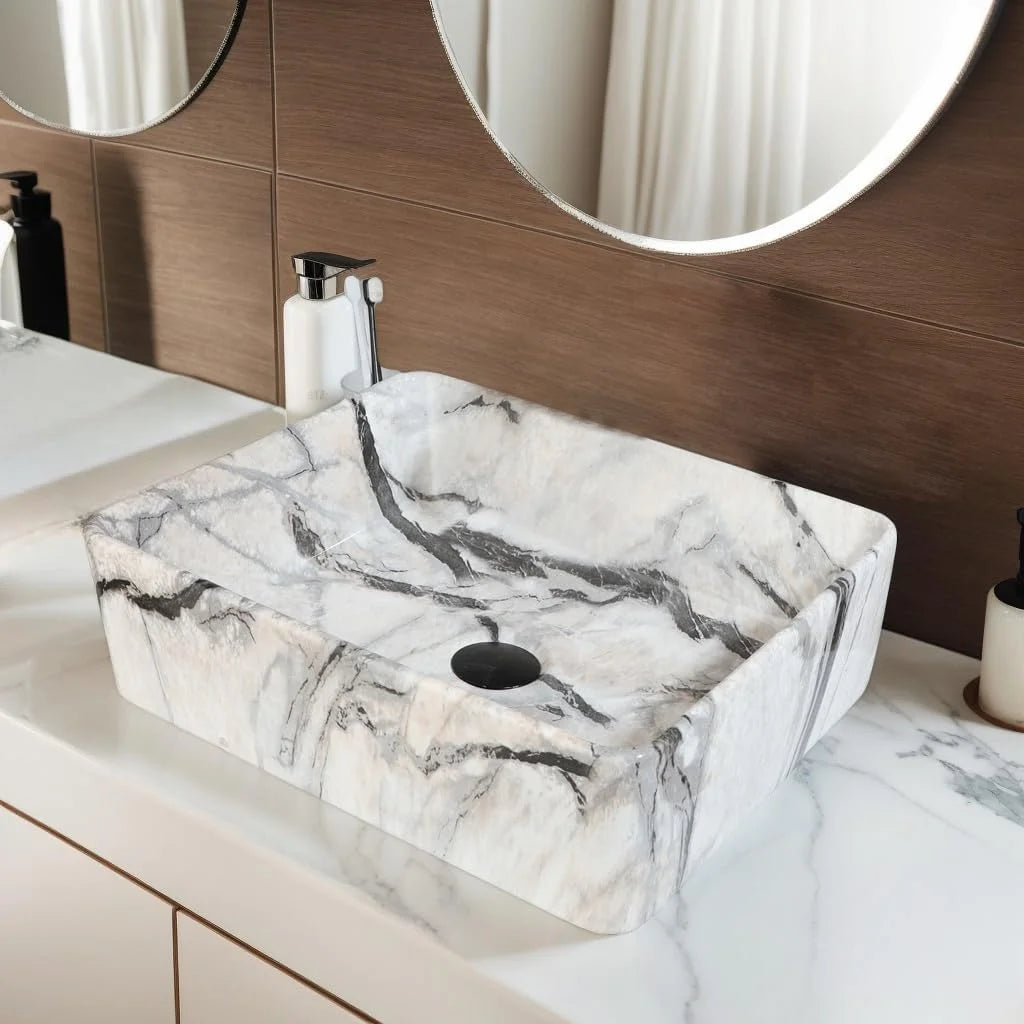 KEMAIDI Marble Pattern Ceramic Bathroom Vessel Sink Set, Multiple Shape Basin with Black Faucet Above-Counter Vanity Sink Kit