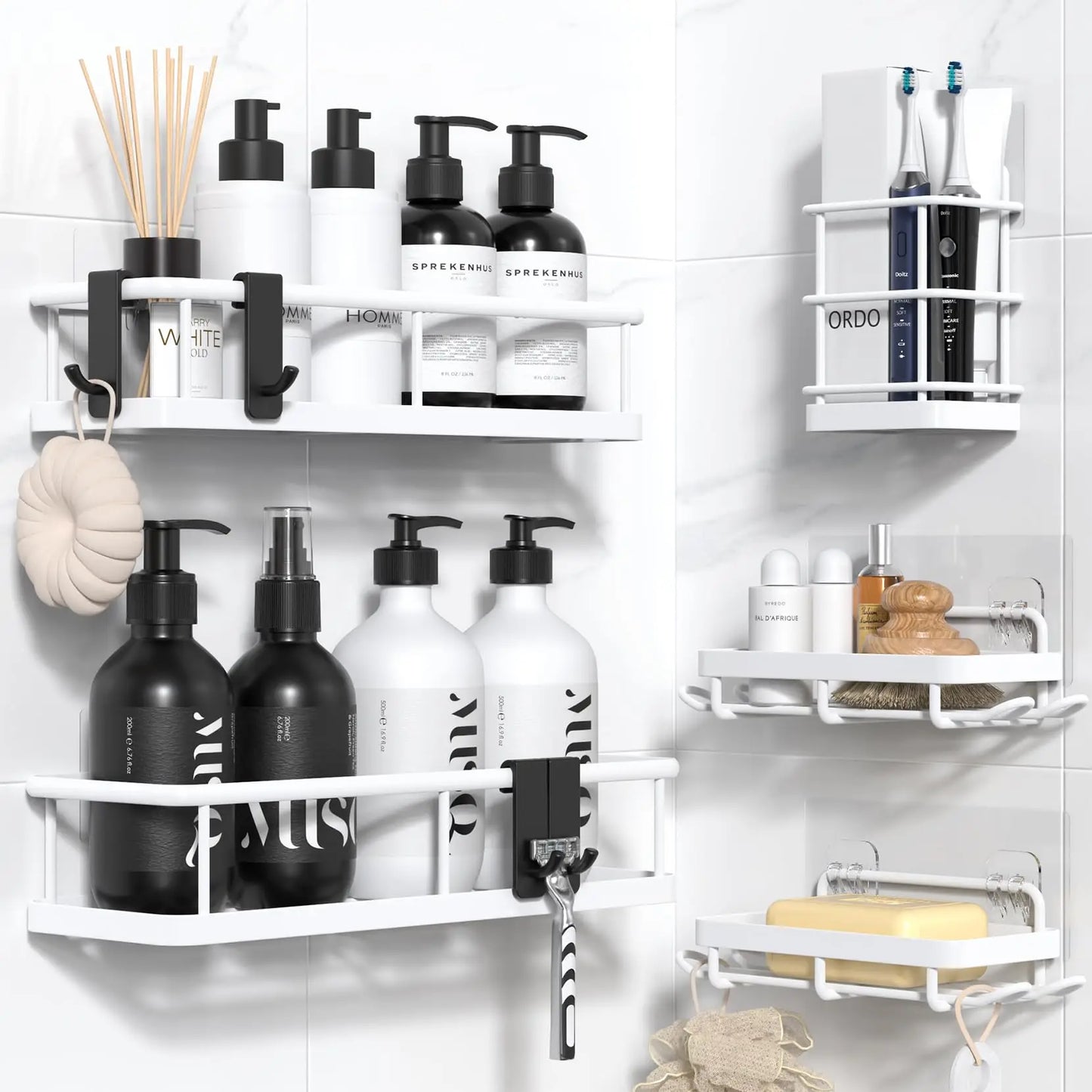 Shower Caddy Adhesive, No Drill Bathroom Shower Organizers, with Removable Hooks, Rust Proof Shower Shelves, Wall-Mounted Shower Holder