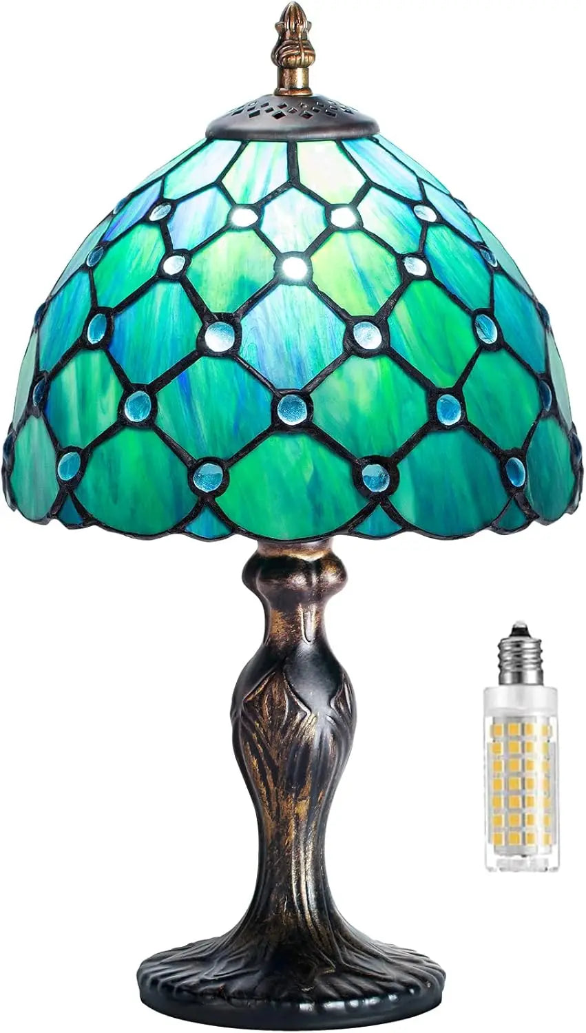 Handmade Stained Glass Table Lamp, Crystal Bead Style, Antique Art Craft for Living Room Bedroom (Green Pearl)