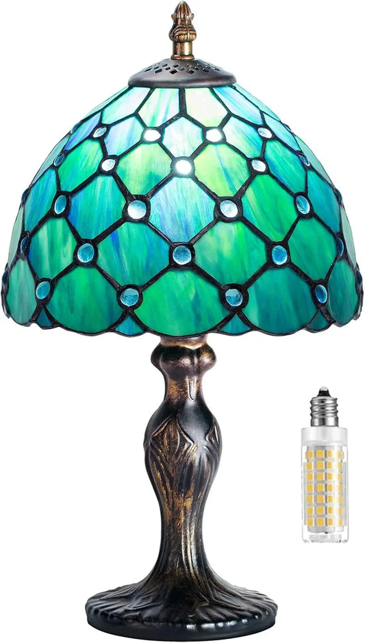 Handmade Stained Glass Table Lamp, Crystal Bead Style, Antique Art Craft for Living Room Bedroom (Green Pearl)