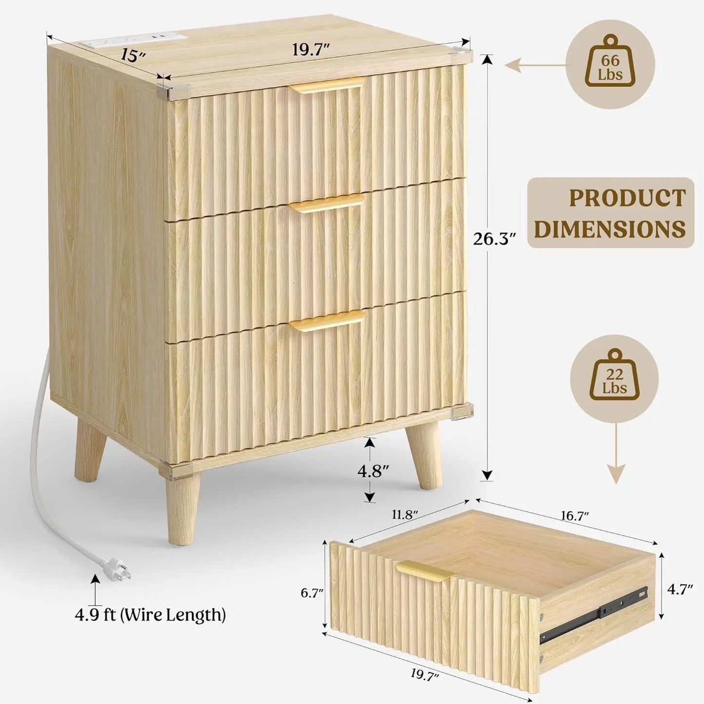 Wood 3 Drawer Dresser Nightstand With Charging Station