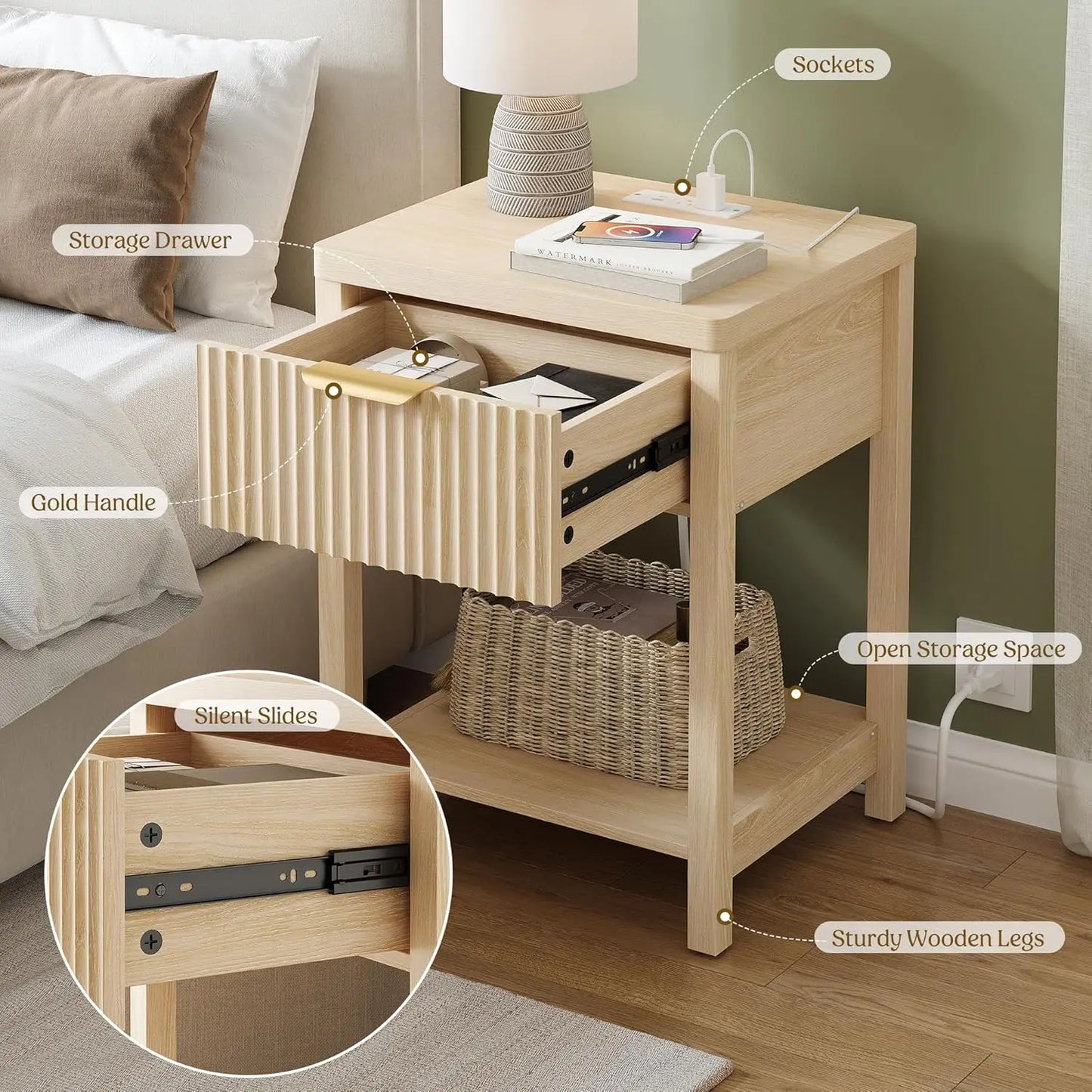 Night Stand Set 2, Fluted Nightstand with Charging Station, Wood Modern Bedside End Table with Storage Drawer for, Customized