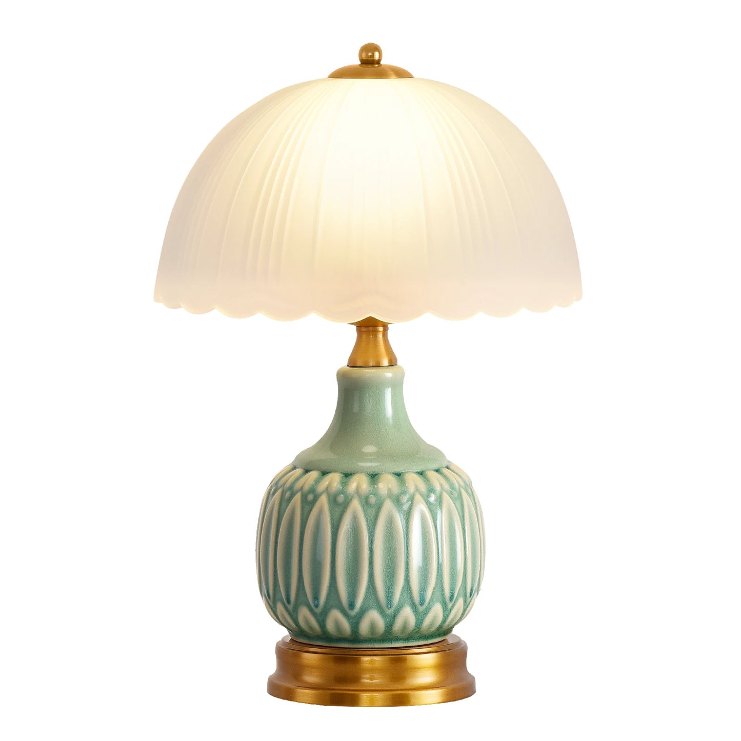 Retro Farmhouse Ceramic Bedside Table Lamp, Green Crackle Glaze Embossed Vase Lamp Body, Scalloped Pleated Frosted Glass Lampshade, 3 Color Temperature Dimmable Nightstand Lamp with Luxury Brass Fittings, Decorative Accent Li