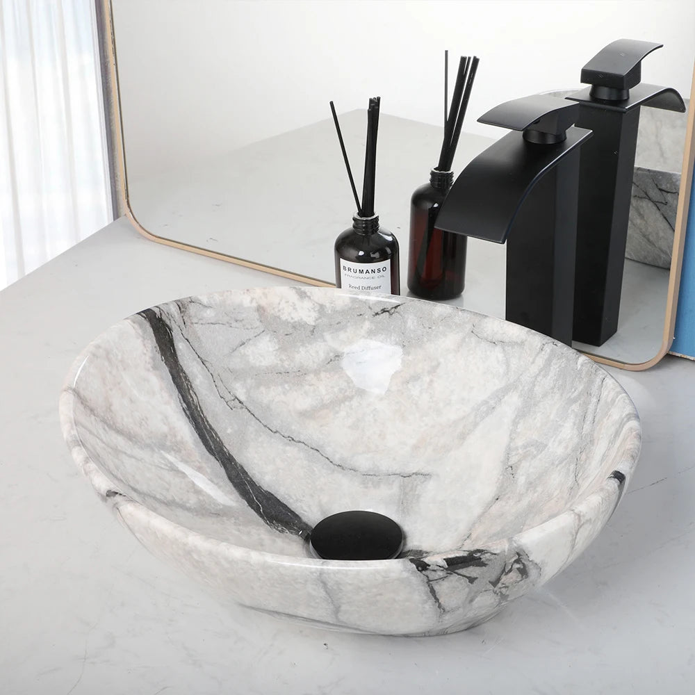 KEMAIDI Marble Pattern Ceramic Bathroom Vessel Sink Set, Multiple Shape Basin with Black Faucet Above-Counter Vanity Sink Kit