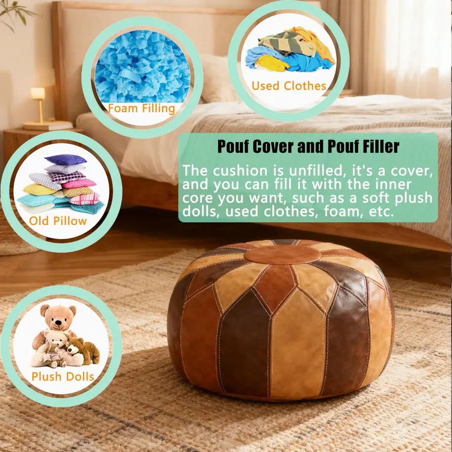Moroccan Faux Leather Pouf Ottoman With Storage