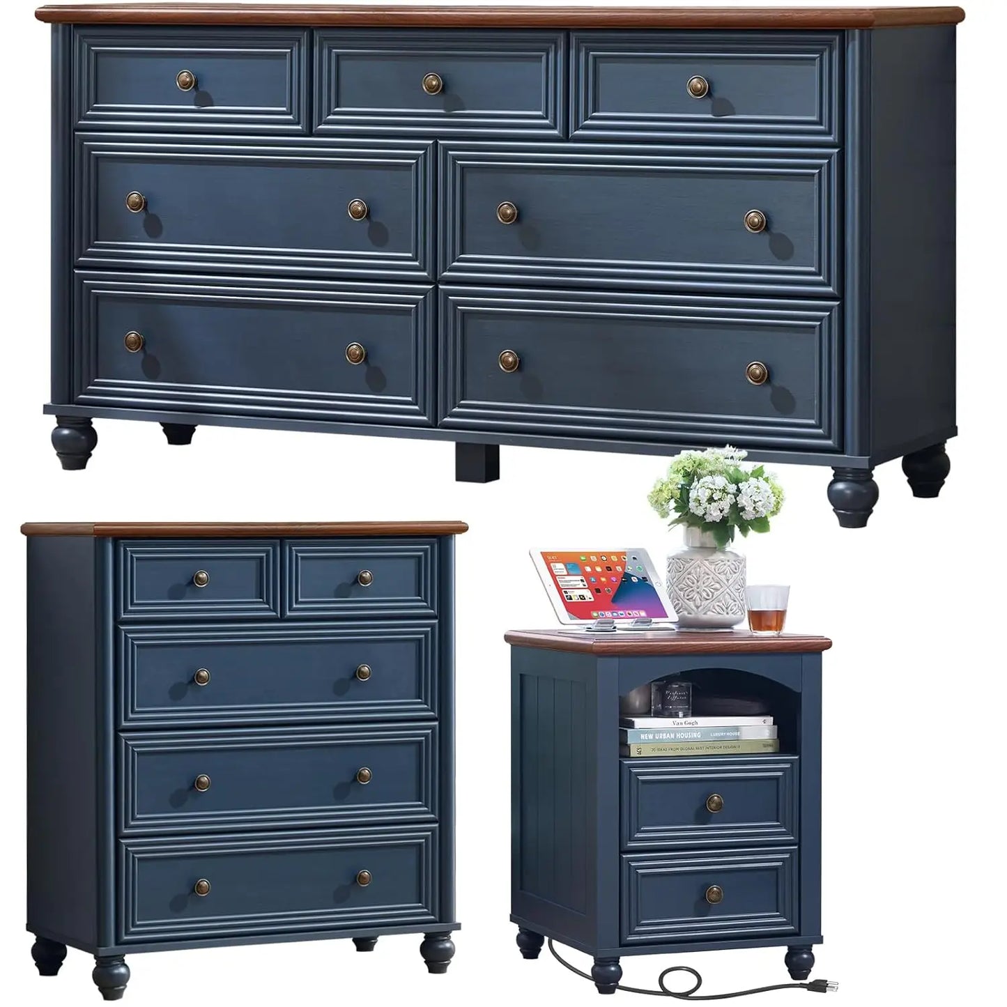 Farmhouse Dressers & Night Stand Set of 3, Wood 54" Wide 7 Drawer Dresser & 35.5"Tall Chest of Drawers, 18" with, Customized