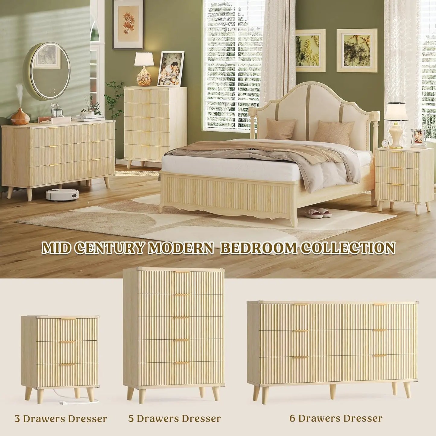Wood 3 Drawer Dresser Nightstand With Charging Station
