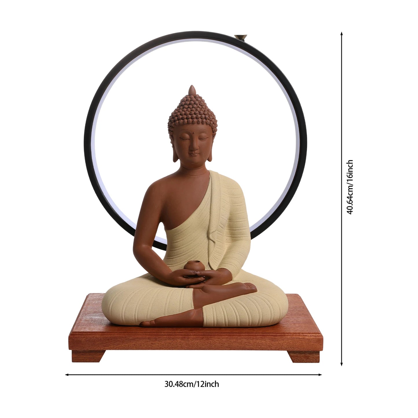 Ceramic Buddha Statue with LED Halo Ring Light, Amitabha Figurine on Wood Base, 6 Brightness Levels USB Powered, Meditation Home Decor, Purple Sand Yellow, 23x14x30cm