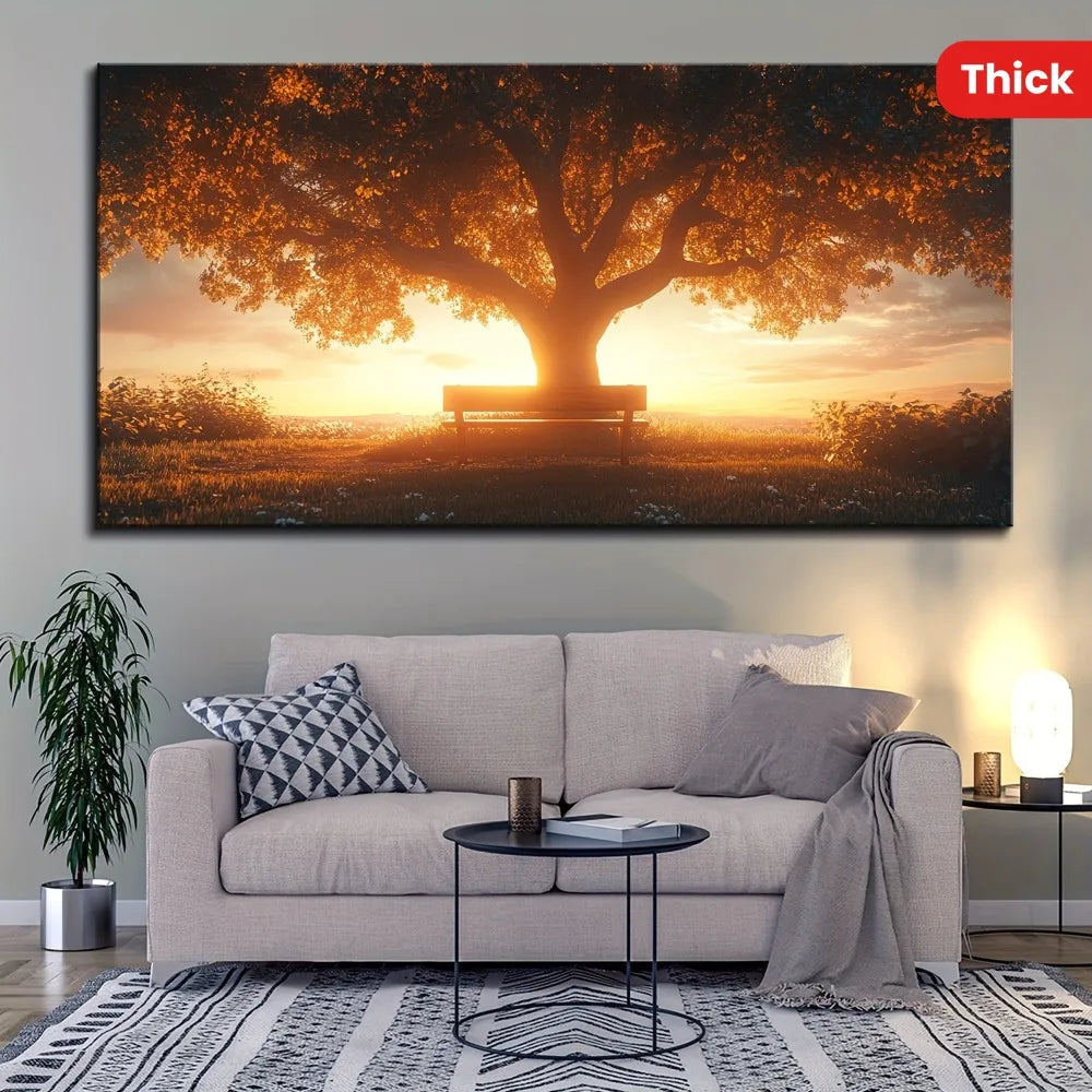 Sunset Tree Golden Sunset Forest Wall Art in Pine Frame