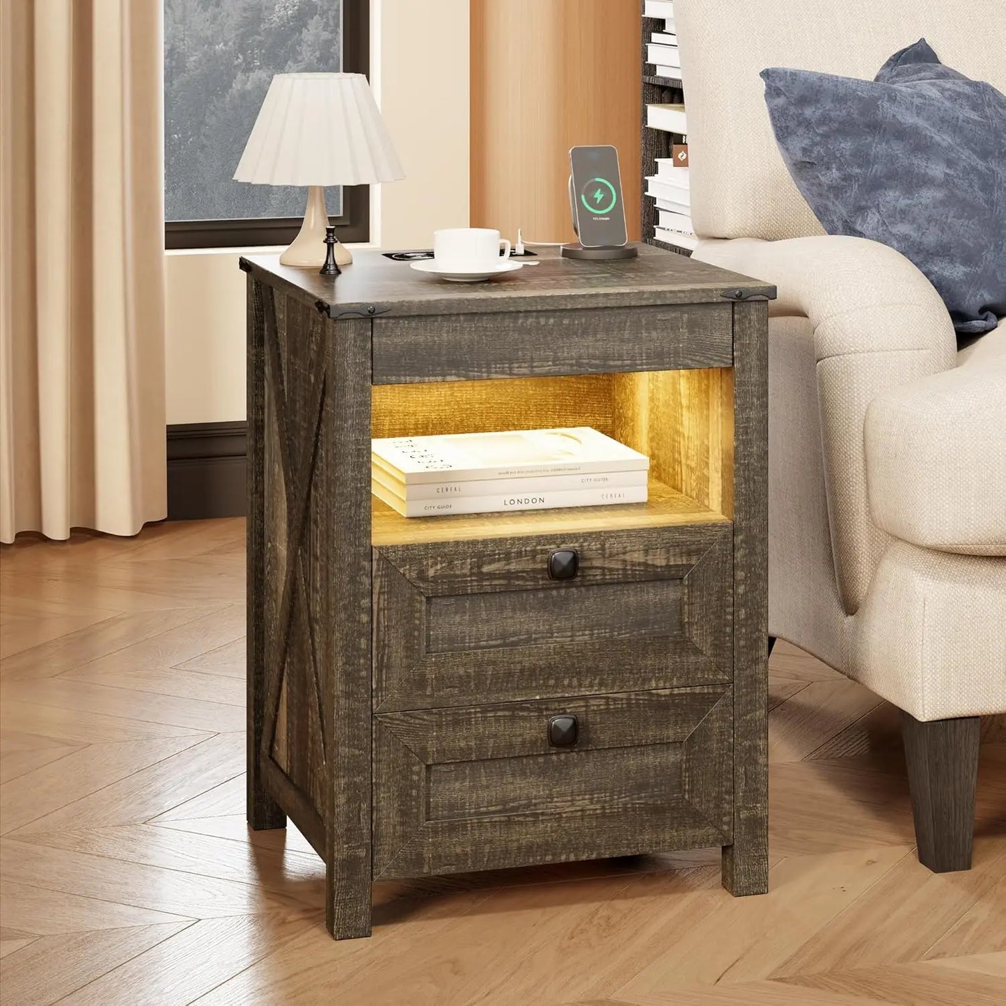 LED Nightstand with Gun Drawer: Bedside Table with Charging Station for Bedroom Furniture – Farmhouse Night Stand, Customized