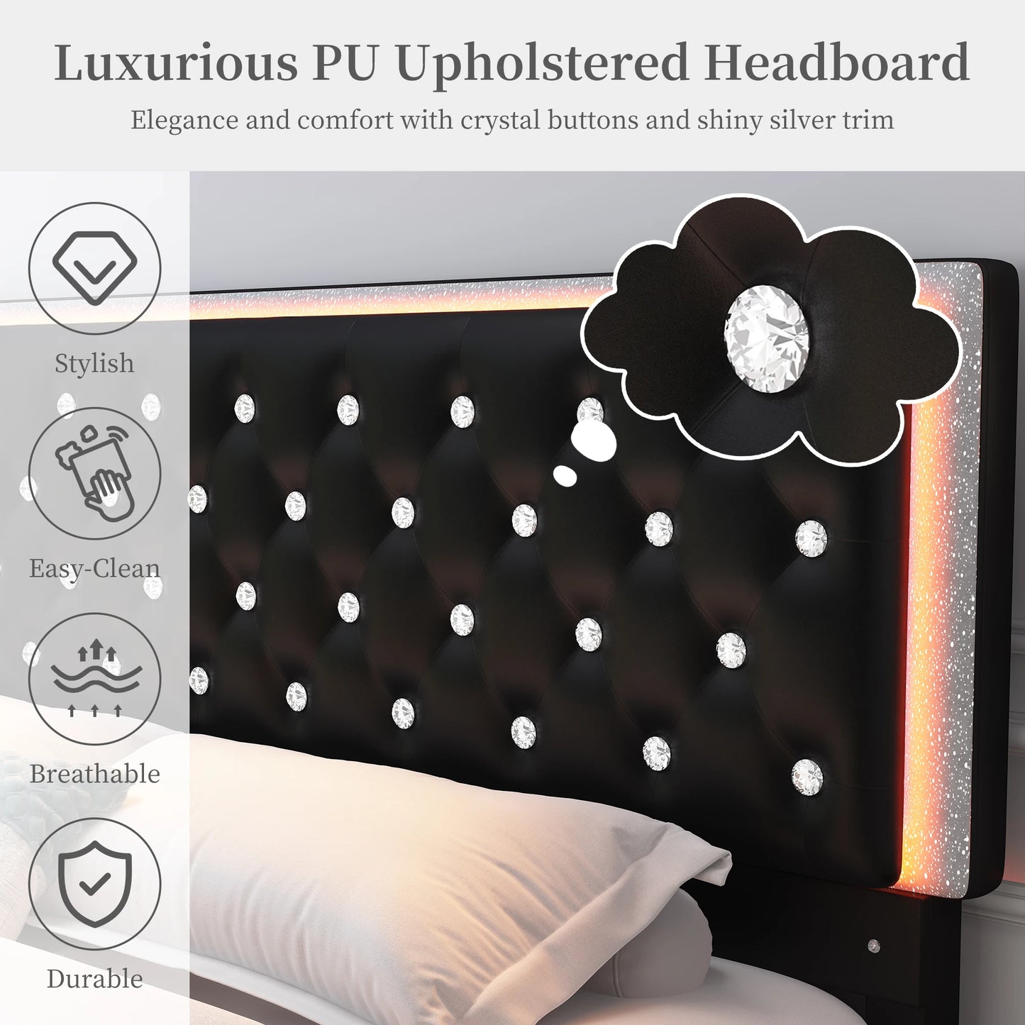 NONECN Queen LED PU Bed Frame with Storage Drawers