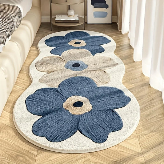 Luxury Soft Plush Rug‑ Navy Blue & Brown Floral Rug with Non‑Slip Backing, 10‑mm‑Thick Irregular‑Shaped Rug for Bedside, Living Room and Hallway‑ Machine‑Washable Small‑Space Rug, Light‑Luxury Decorative Rug
