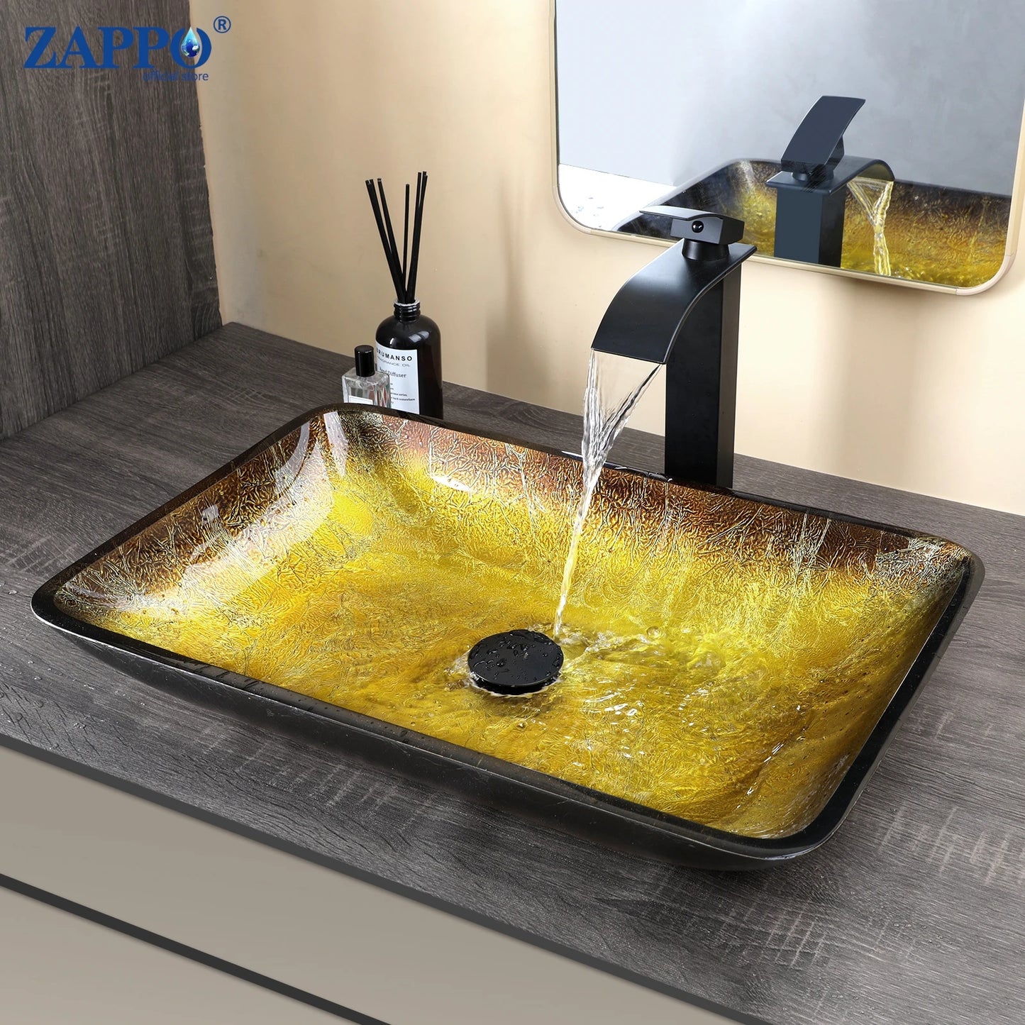 KEMAIDI Big Tempered Glass Basin Sink Washbasin Bathroom Vessel Sinks Counter Top Bowl Washroom Vessel Vanity Sink Faucet Set