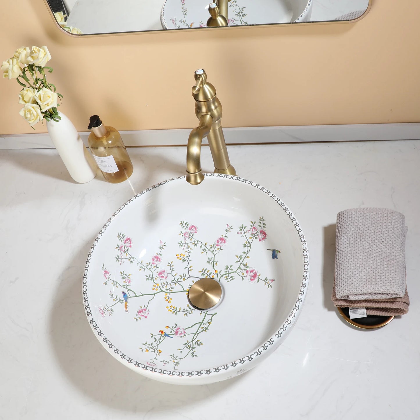 KEMAIDI Bathroom Ceramic Vessel Sinks White Round Porcelain Vessel Sink Counter Top Flower Bird Pattern Bowl Sinks for Bathrooms