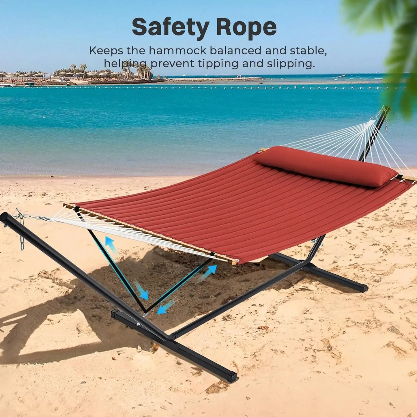 Hammock With Stand For Two People, Quilted Outdoor, Detachable Pillow