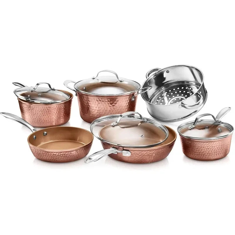 Hammered Collection Pots and Pans 10 Piece Premium Ceramic Cookware Set – with Triple Coated Ultra Nonstick Surface for Even Hea