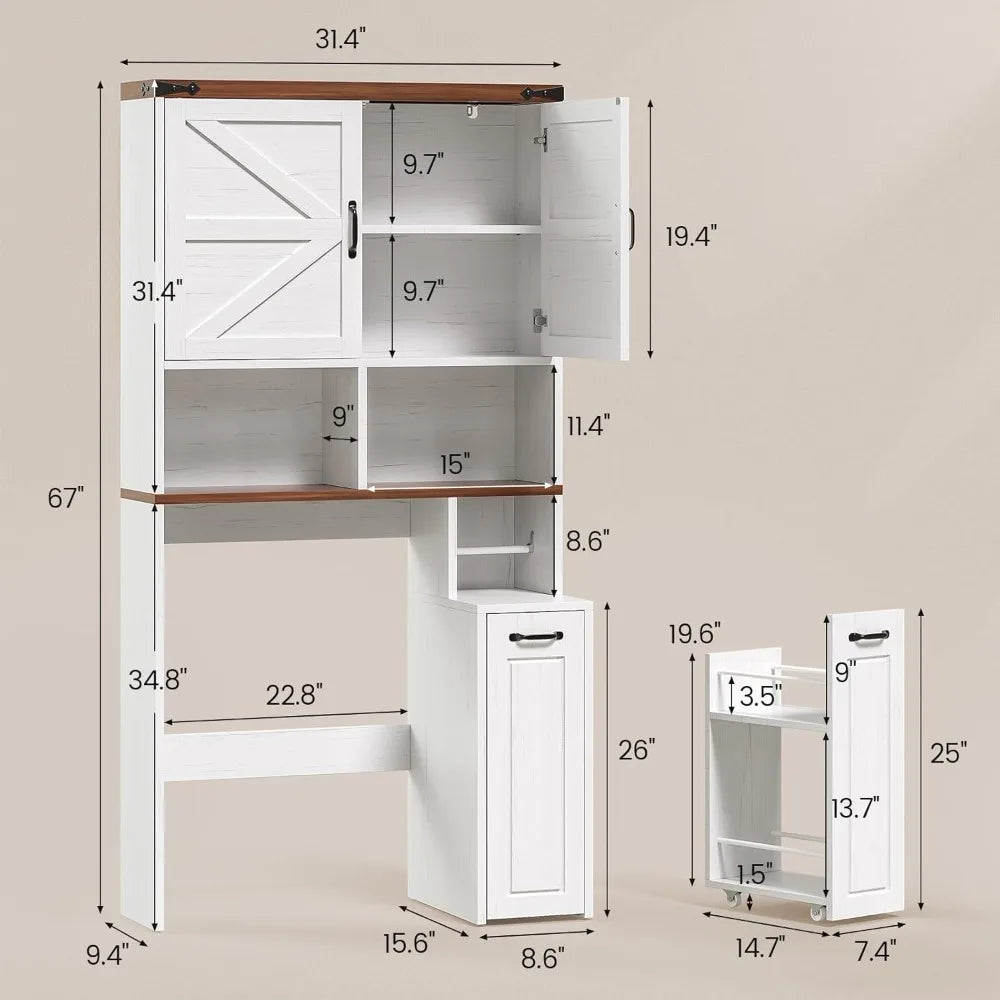 Farmhouse Over Toilet Storage Cabinet With Pulley And Casters