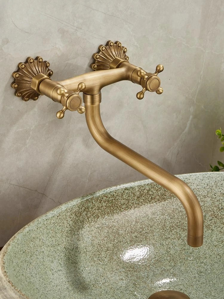 Brass Antique Wall Mounted Washbasin Faucets Double Handle Double Hole Rotatable Wall Mounted Retro Hot and Cold Faucet