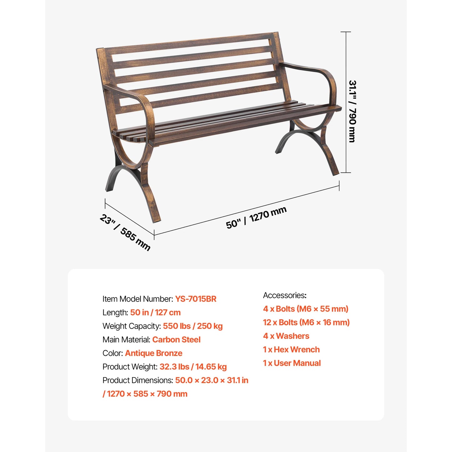 SucceBuy Outdoor Bench Wood Metal Garden Seating 480 Lbs Load Capacity