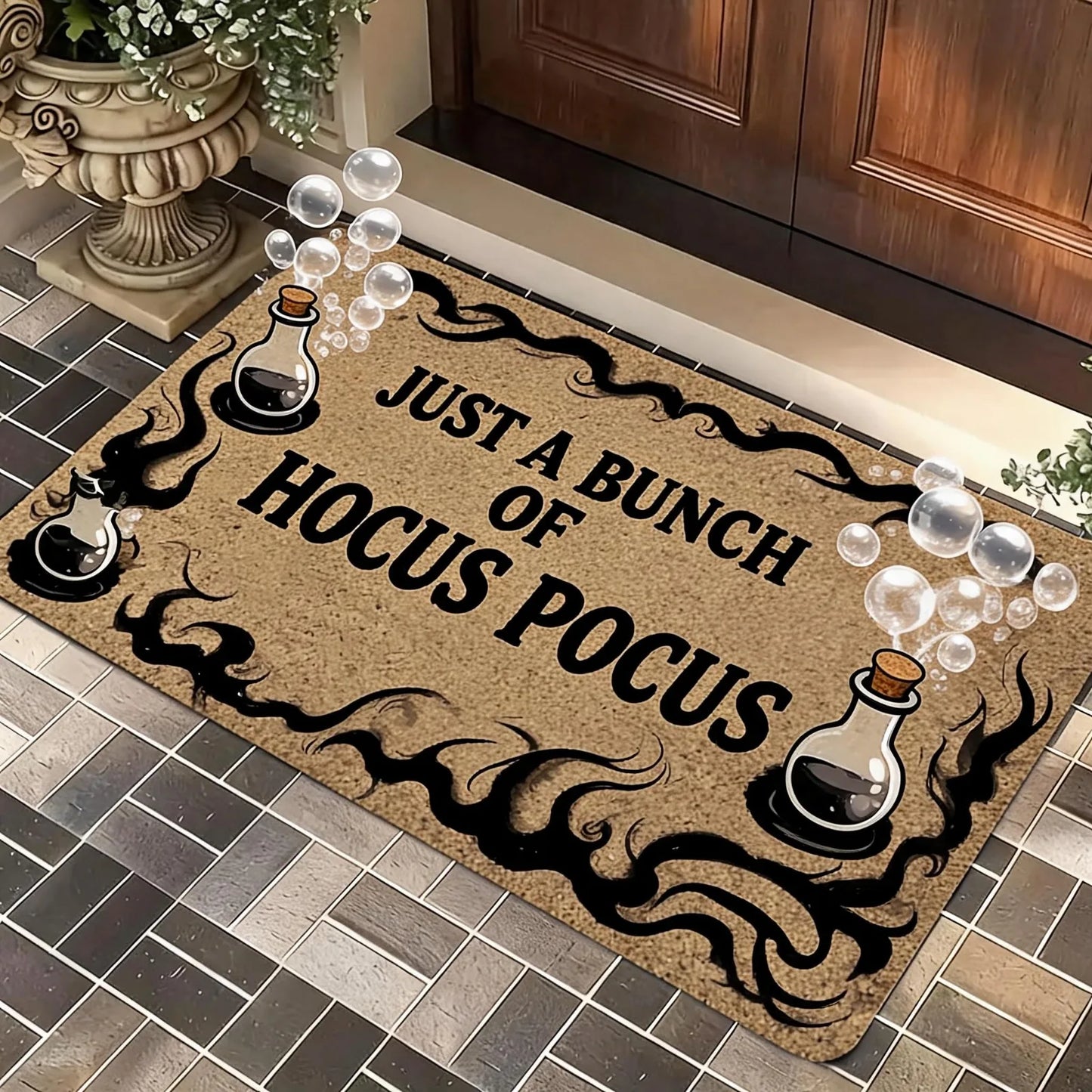 A Magical Doormat Featuring 'THE WITCH IS IN', Made of Plush Material with a Thickness of 0.4 Inches And Weighing 1.28 LB. It Has a Brown Base with a Black Star And Spell Design, for Halloween