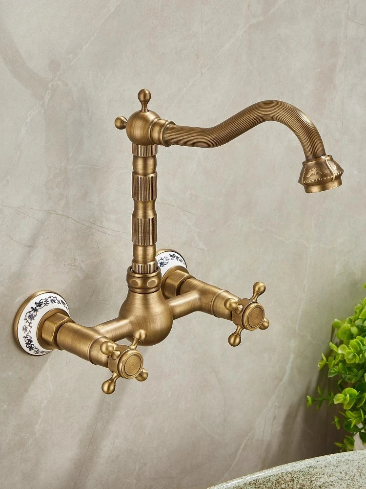 Brass Antique Wall Mounted Washbasin Faucets Double Handle Double Hole Rotatable Wall Mounted Retro Hot and Cold Faucet