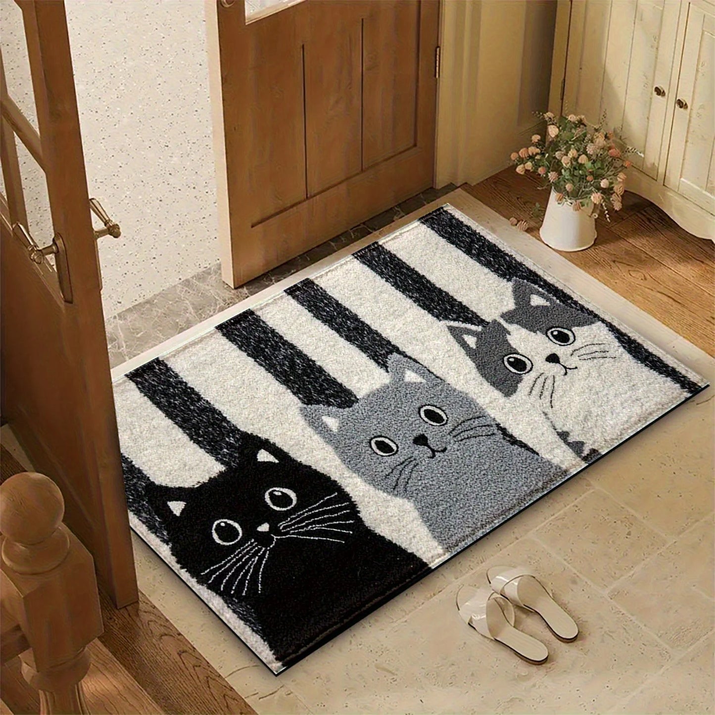 VIKAMA Striped Cartoon Cat Doormat Waterproof Floor Rug