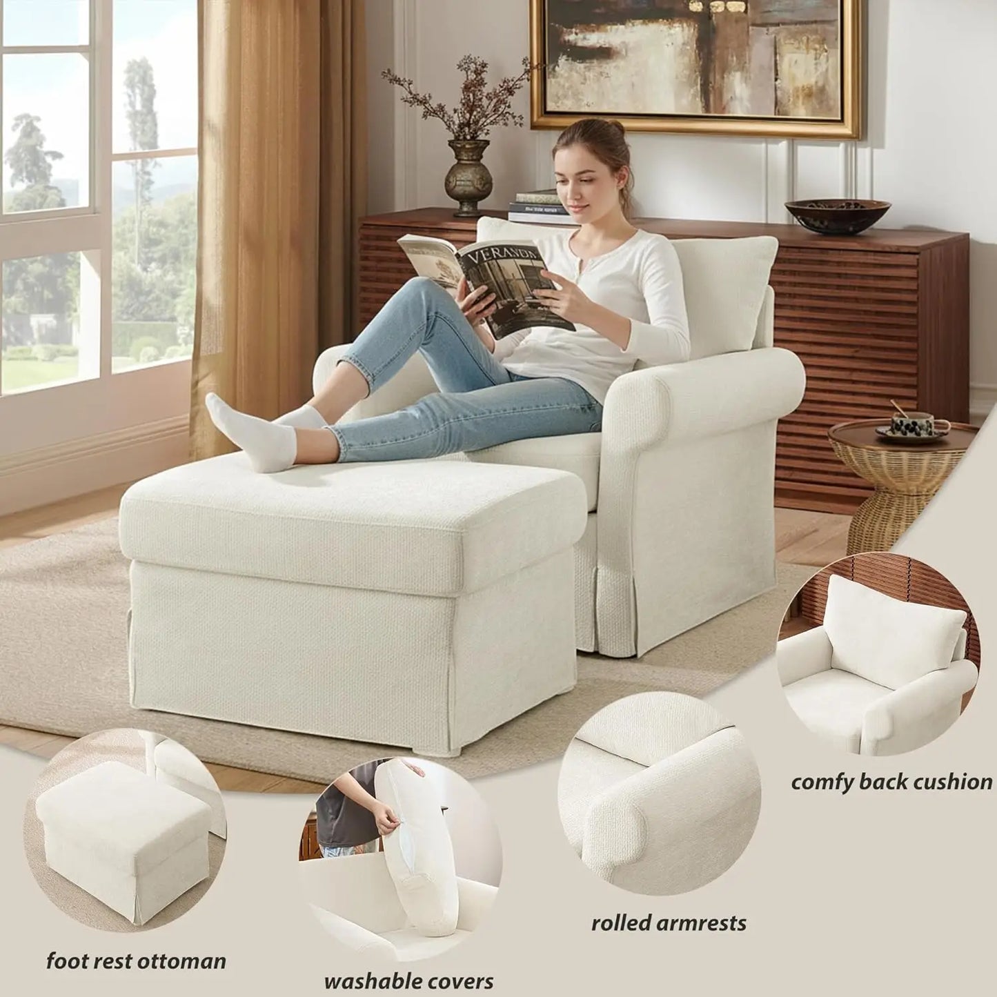 Modern Chenille Accent Chair With Ottoman Reading Armchair Cushion