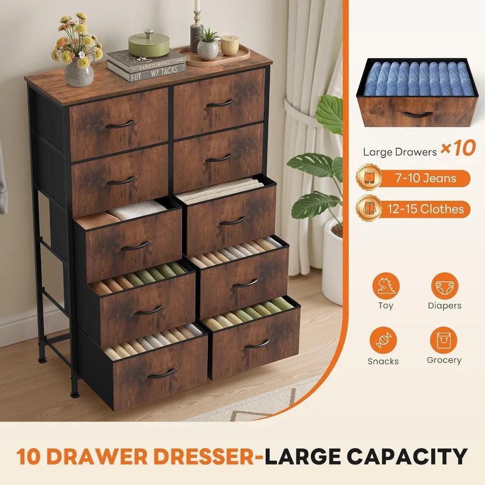 10-Drawer Tall Dresser With Fabric Bins And Anti-Tip