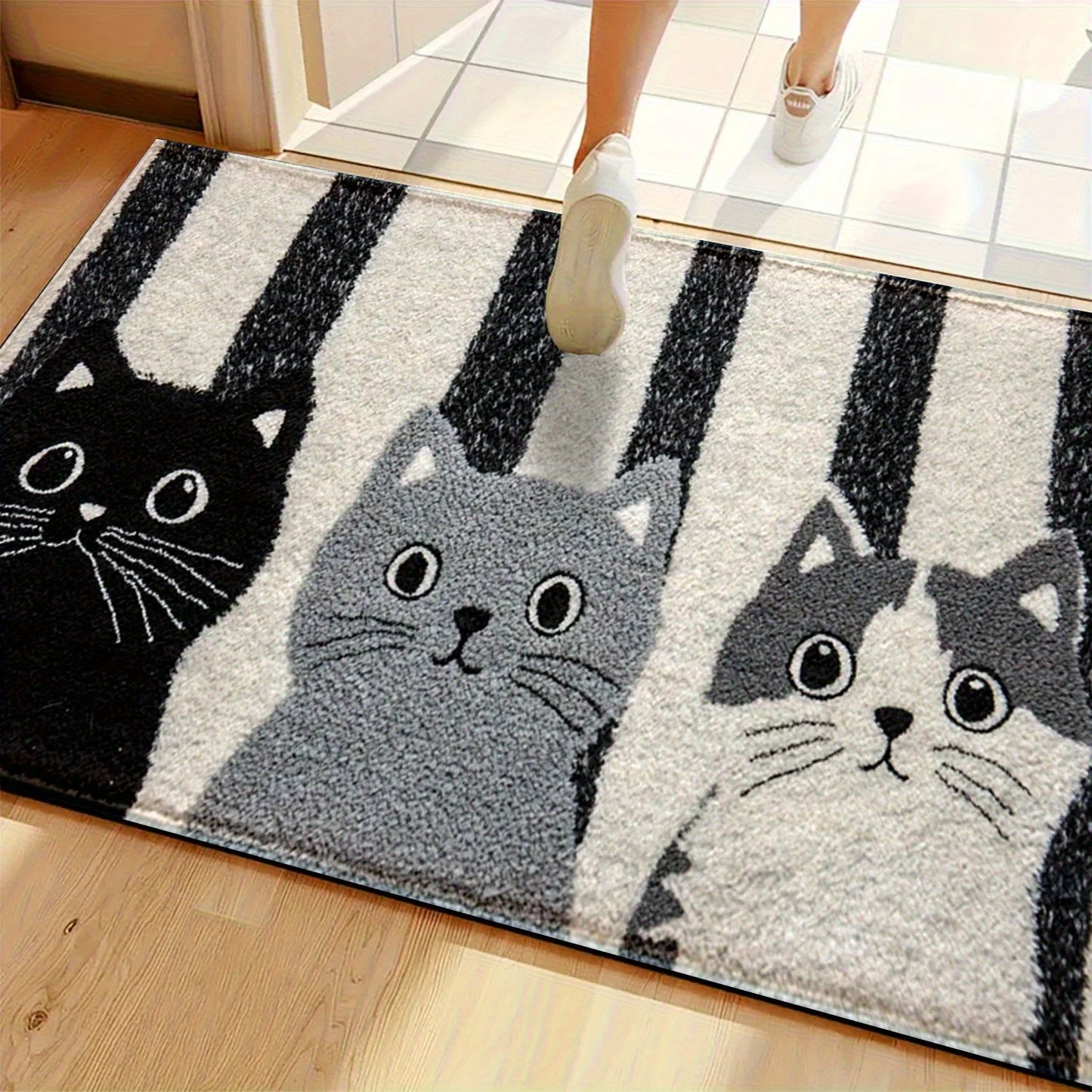 VIKAMA Striped Cartoon Cat Doormat Waterproof Floor Rug