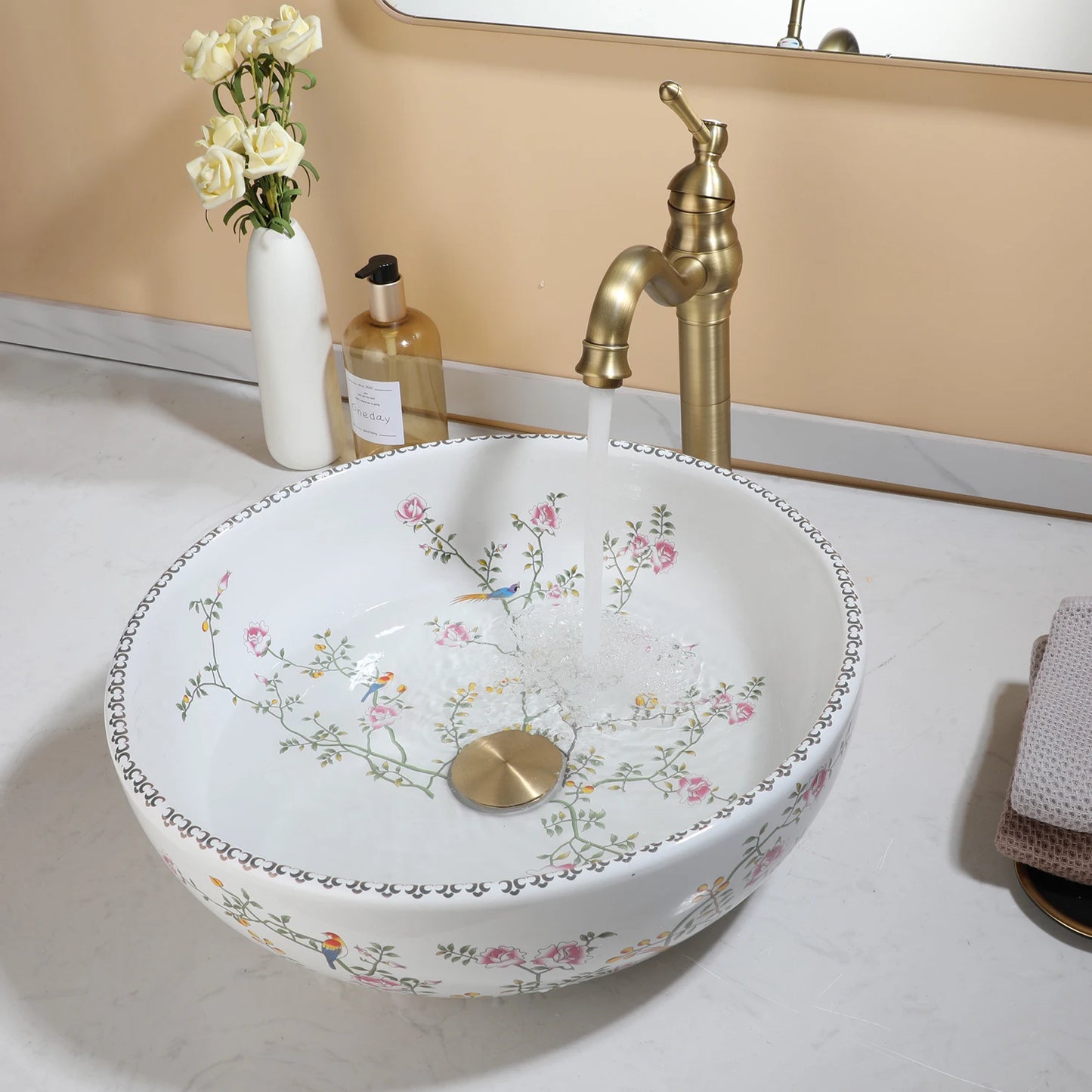 KEMAIDI Bathroom Ceramic Vessel Sinks White Round Porcelain Vessel Sink Counter Top Flower Bird Pattern Bowl Sinks for Bathrooms