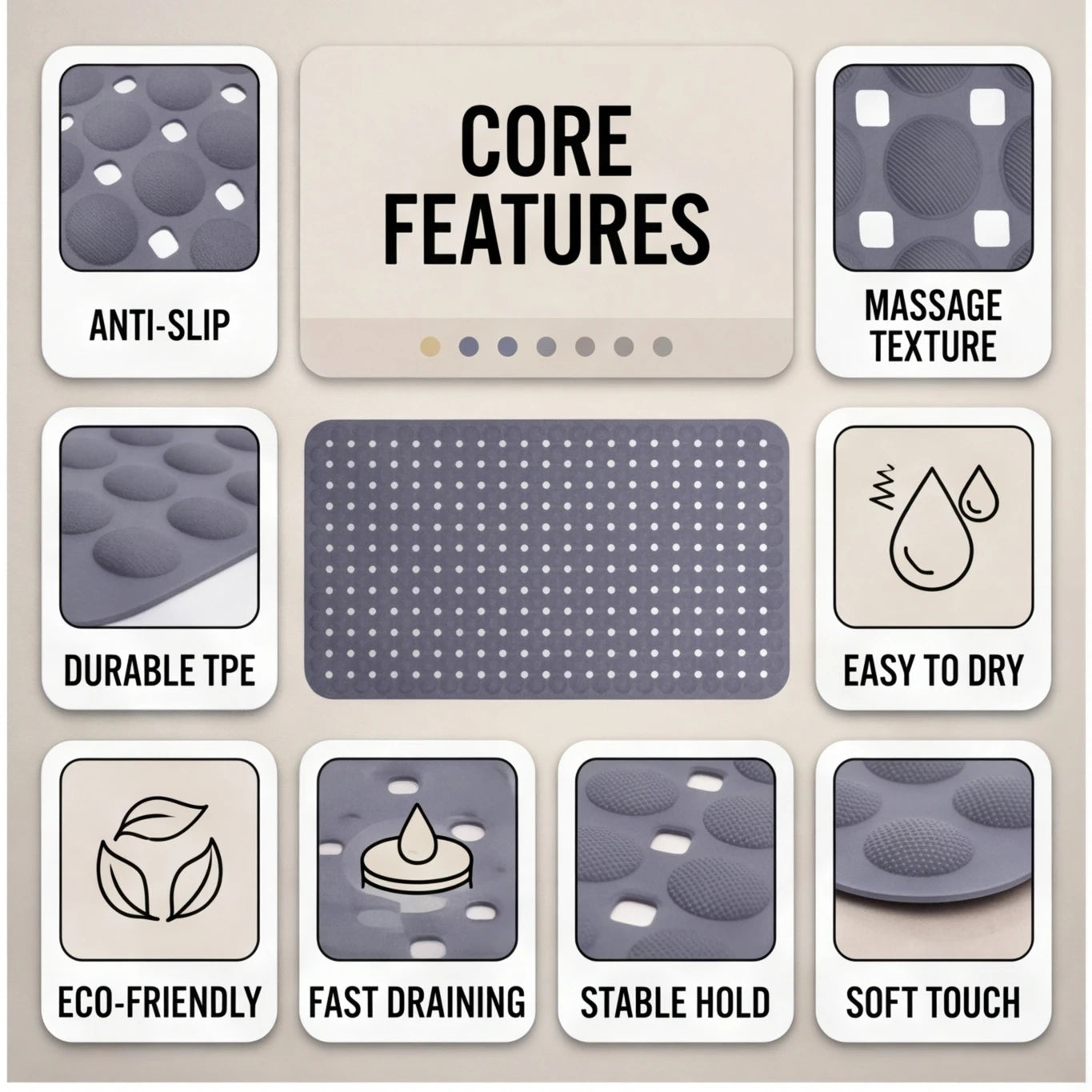 1-Pack 14in*27in Non-Slip Shower Mat, Features a wavy pattern with silky-smooth texture for a comfortable, non-irritating touch,Bathtub Mat with Drain Holes & Suction Cups, Foot Massage Shower Rug, Bathroom Essentials for Hom