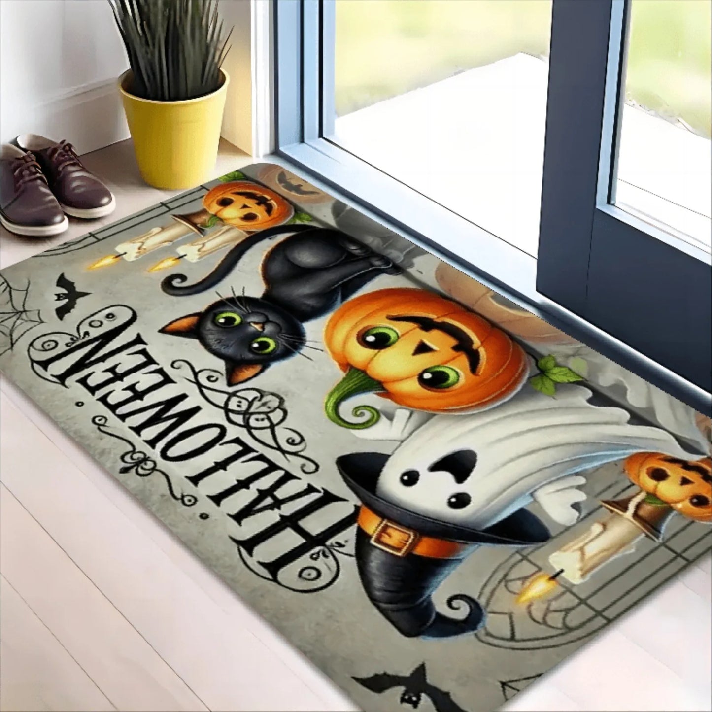 1pc Door Mat with Halloween Pumpkin and Cat Design, Welcome Floor Mats, Polyester Area Mat for Laundry Room and Kitchen, Room Decoration, Guest Room Decor