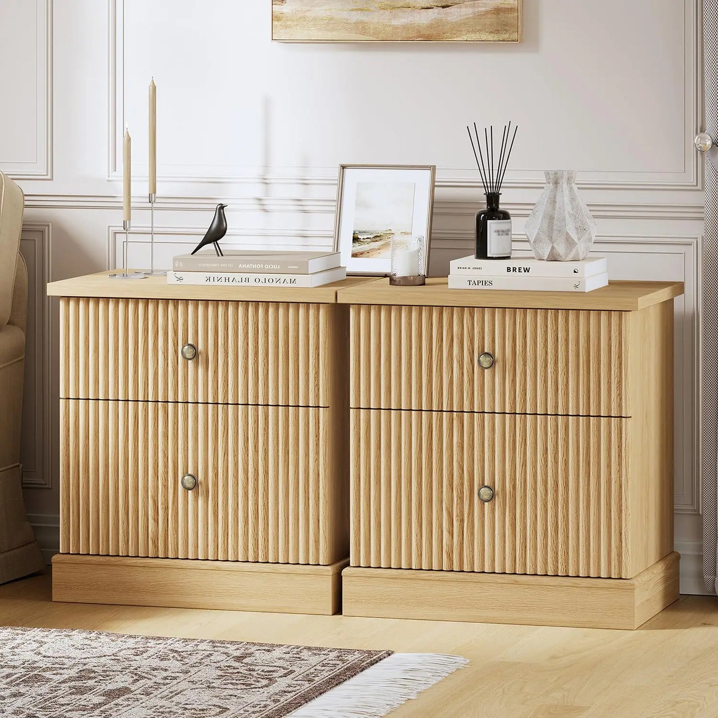 Fluted Nightstand With Drawers, Mid-Century Modern Bedside Table, Slim Storage Cabinet With Heavy-Duty 125 Lb Top For Bedroom