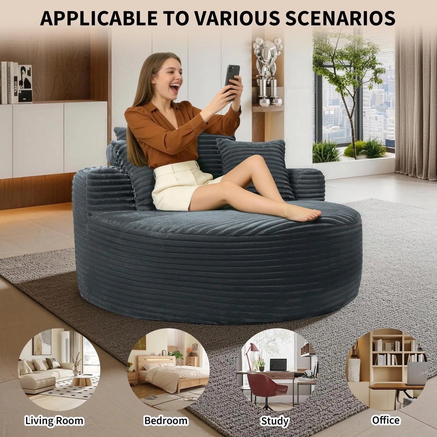 HiMISS Round Indoor Chair Corduroy With 3 Pillows For Living Room