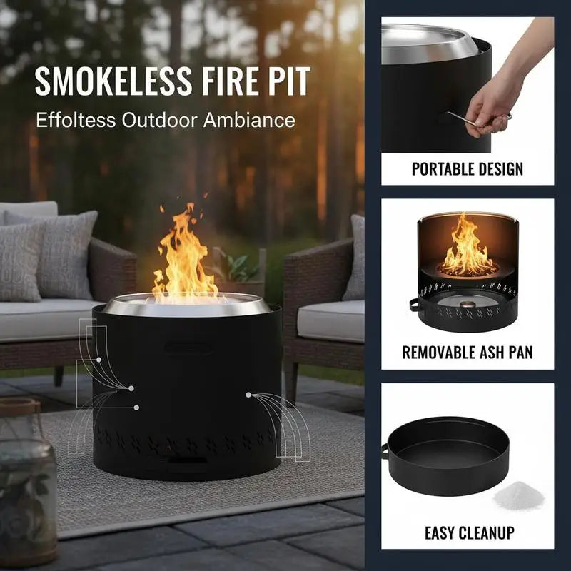 Smokeless Fire Pit Stove Bonfire, H: 15.4 in x Dia: 15.7 in ,Wood Burning Fireplaces with Removable Ash Pan, SUS430 Stainless Steel Inner Portable Outdoor Firepit,for Outdoor Patio Camping