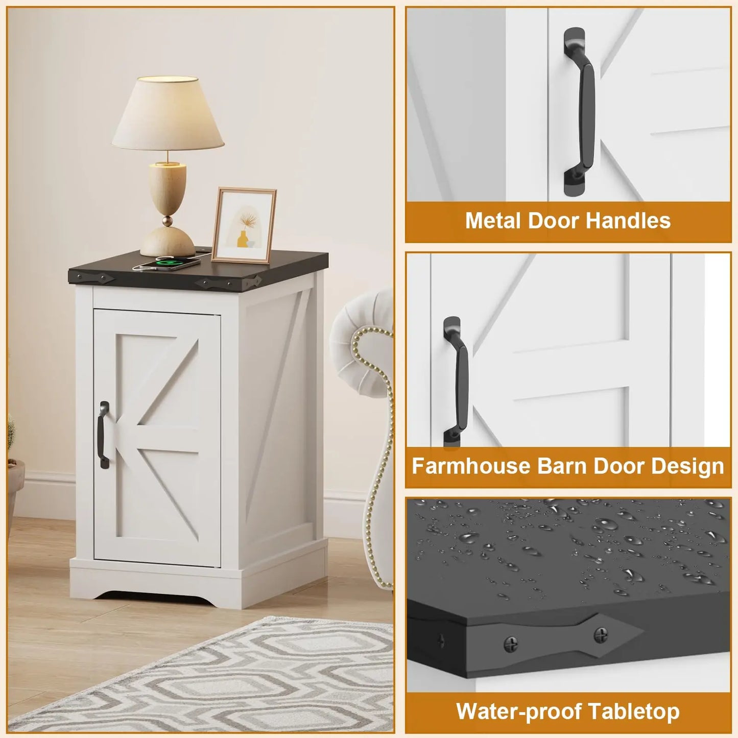 Farmhouse White Nightstand With Charging Station, AC Outlets USB Type-C, Bedside End Table With Cord Management & Storage Shelf