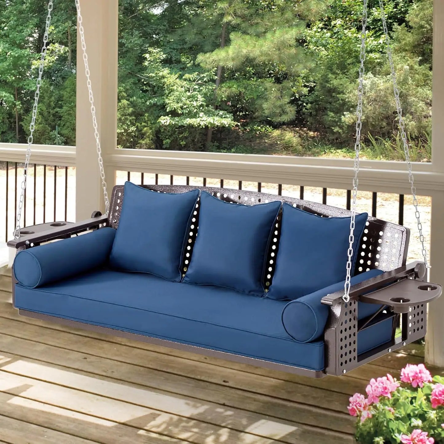 Three Seater Porch Swing With Cup Holders And Cushions