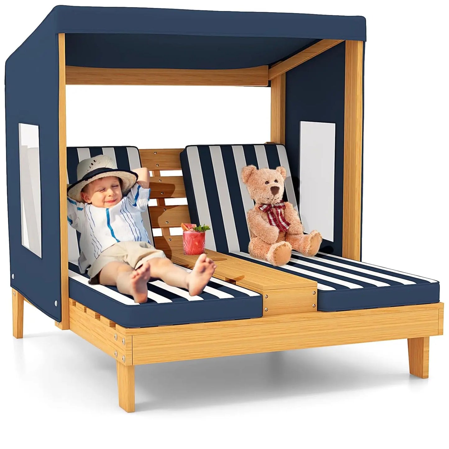Wood Double Chaise Canopy Cup Holder Chair For Kids