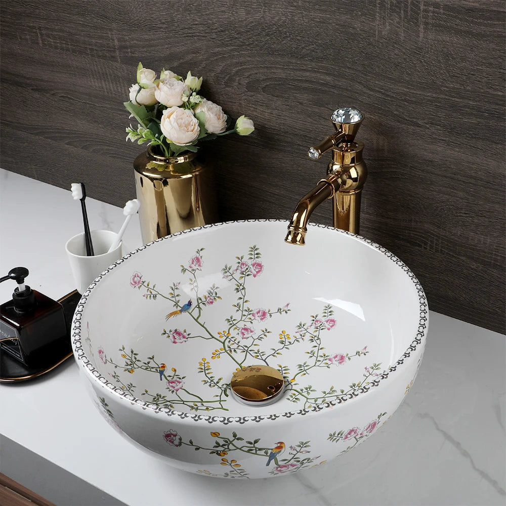 KEMAIDI Bathroom Ceramic Vessel Sinks White Round Porcelain Vessel Sink Counter Top Flower Bird Pattern Bowl Sinks for Bathrooms