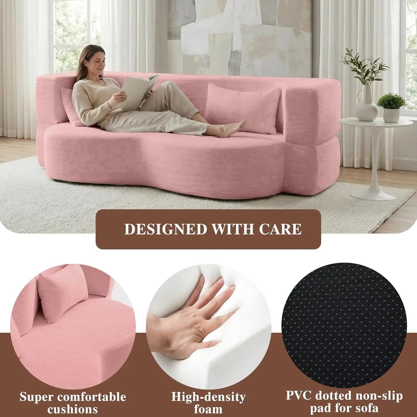 Convertible Sofa Bed 2-In-1 Teddy Fabric Loveseat With Pillow