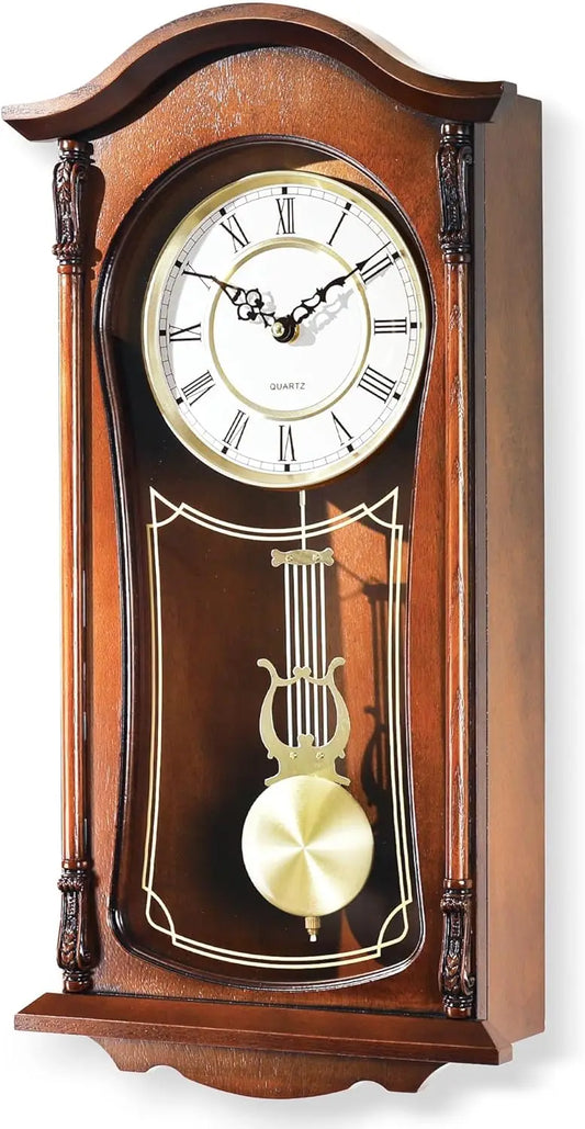 Vintage Grandfather Wall Clock With Pendulum And Chime In Mahogany Wood