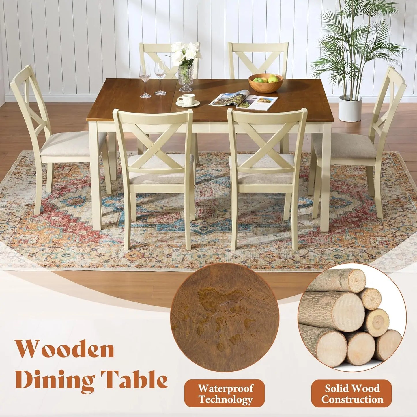 7-Piece Farmhouse Solid Wood Dining Set With Upholstered Chairs
